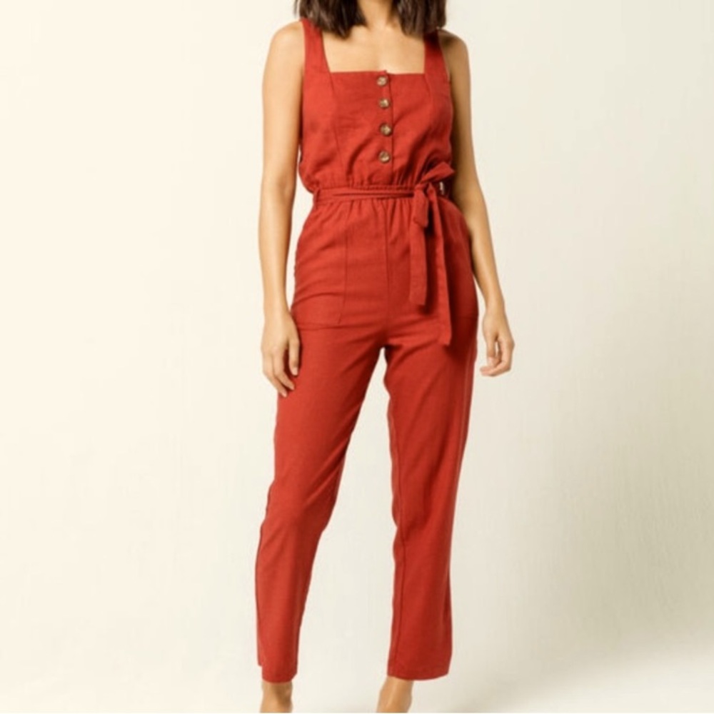 Mimi Chica brand maroon linen long jumpsuit romper button bust straps tie waist